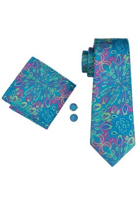 Teal patterned silk tie, pocket square & cufflink set 