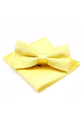 Plain Pastel Yellow satin classic mens bow tie & pocket square set 