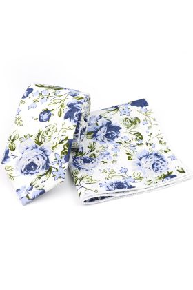 Blue & White  floral cotton classic mens tie & pocket square set 
