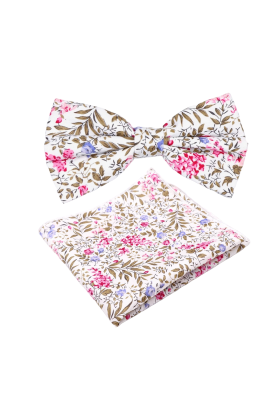 Fuchsia floral cotton classic mens bowtie & pocket square set 