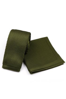 Knitted Khaki green Tie & Pocket Square set 