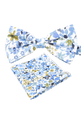 Pastel Blue floral cotton classic mens bowtie & pocket square set 