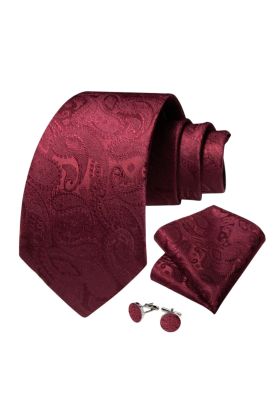 Burgundy Paisley tie pocket square cufflink set 