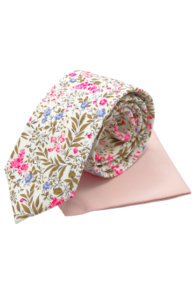 Fuchsia floral contrast mens tie & pocket square set 