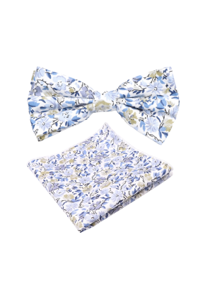 Blue floral cotton classic mens bowtie & pocket square set 