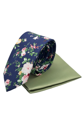 Navy & Green floral contrast mens tie & pocket square set 