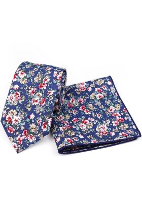 Pink & Blue floral cotton classic mens tie & pocket square set 