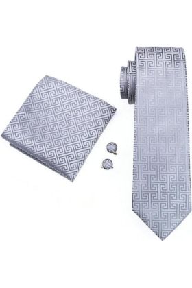 Grey patterned pocket square, Cufflink and tie set 