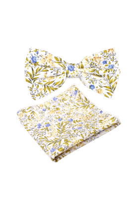 Yellow floral cotton classic mens bowtie & pocket square set 