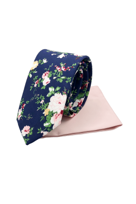 Navy & Green floral contrast mens tie & pocket square set 