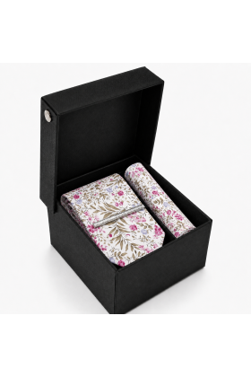 Fuchsia Pink Floral Tie, Pocket Square & Silver Tie Clip Gift Set 
