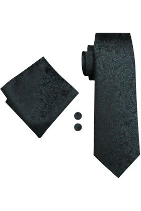 Emerald & Black Paisley silk tie, pocket square & cufflink set 
