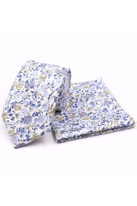 Dusky Blue floral cotton classic mens tie & pocket square set 