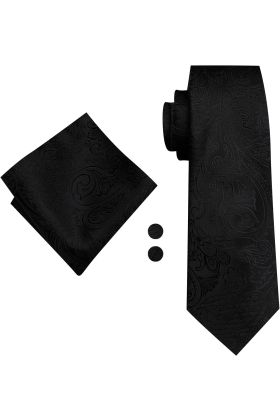 Black Paisley silk tie, pocket square & cufflink set 