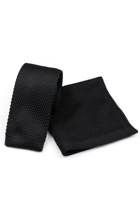 Knitted Black Tie & Pocket Square set 