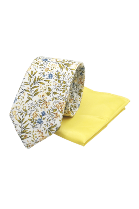 Yellow floral contrast mens tie & pocket square set 