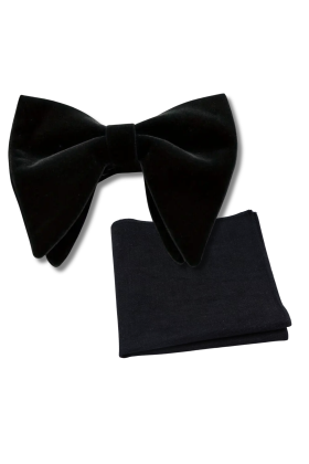 Mens oversized black Velvet tie & woven pocket square set 