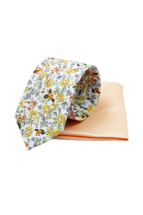 Orange floral contrast mens tie & pocket square set 
