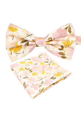 Yellow & Pink floral cotton classic mens bow tie & pocket square set 