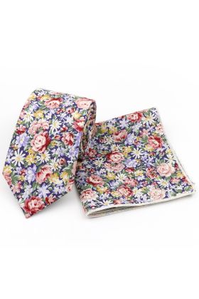 Red & Blue floral cotton classic mens tie & pocket square set 