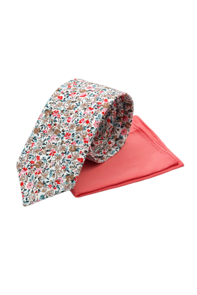 Red floral contrast mens tie & pocket square set 