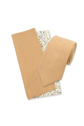 Two Tone Tan Green floral cotton tie & Pocket square set 