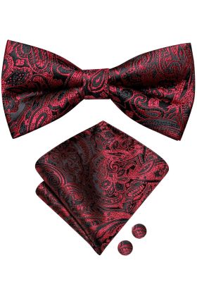 Wine Paisley Bow Tie, Cufflink And Handkerchief Set 