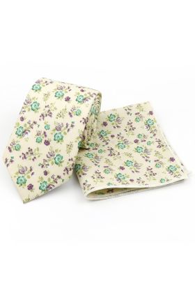Cream & Green floral cotton classic mens tie & pocket square set 