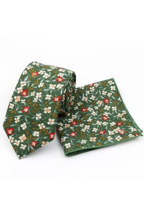 Green & Red floral cotton classic mens tie & pocket square set 