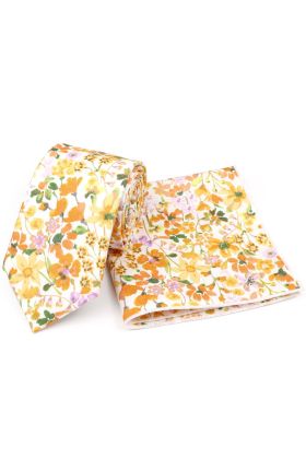 Peach floral cotton classic mens tie & pocket square set 