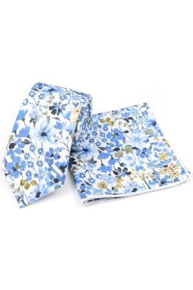 Pastel Blue floral cotton classic mens tie & pocket square set 