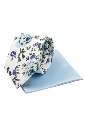 Blue floral contrast mens tie & pocket square set 