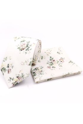 Ivory & Green floral cotton classic mens tie & pocket square set 