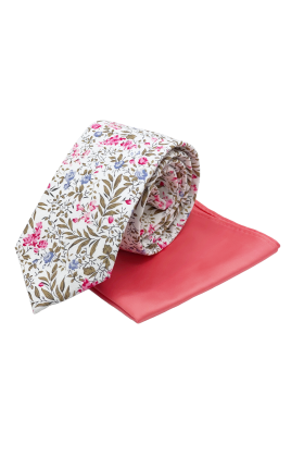 Fuchsia floral contrast mens tie & pocket square set 