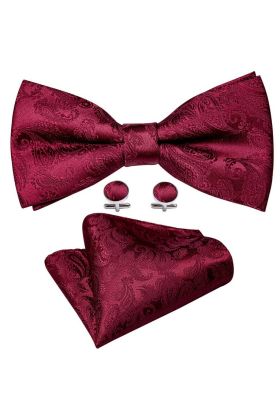 Wine Paisley Bow Tie, Cufflink And Handkerchief Set 