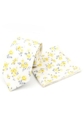 Pastel Yellow floral flower cotton tie & pocket square set 