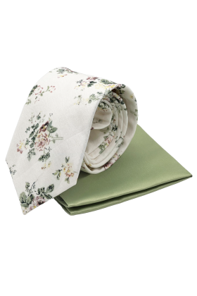 Ivory & Green floral contrast mens tie & pocket square set 