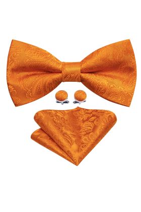 Rust orange Paisley Bow Tie, Cufflinks & Handkerchief Set 