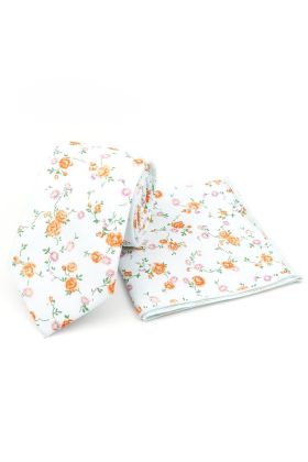 Orange & Pink floral flower cotton tie & pocket square set 