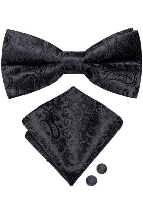 Black Paisley Bow Tie, Cufflink And Handkerchief Set 