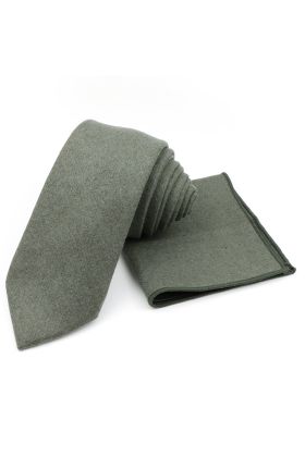 Mens Wool Tweed Olive Tie & Pocket square set 