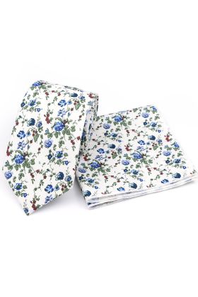 Blue & Ivory floral cotton classic mens tie & pocket square set 