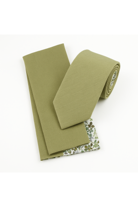 Two Tone Olive floral cotton tie & Pocket square set 