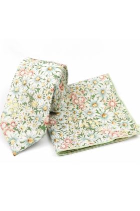 Green & White floral cotton classic mens tie & pocket square set 