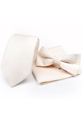 Plain Pearled Ivory classic tie, bowtie & pocket square set 
