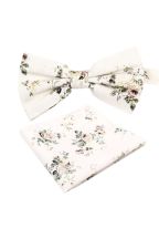 Ivory & Green floral cotton classic mens bow tie & pocket square set 