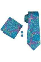 Teal patterned silk tie, pocket square & cufflink set 