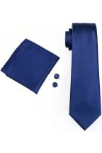 Mens Plain Navy 100% silk pocket square, Cufflink and tie set 