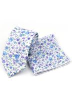 Blue & Lilac floral cotton classic mens tie & pocket square set 