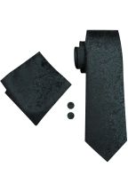 Emerald & Black Paisley silk tie, pocket square & cufflink set 